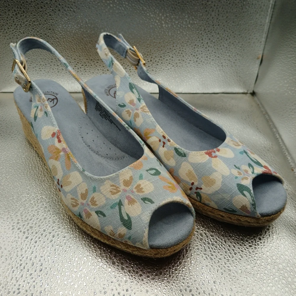 White Mountain Blue Floral Espadrille Wedges Slingback Peeptoes Women's Size 8